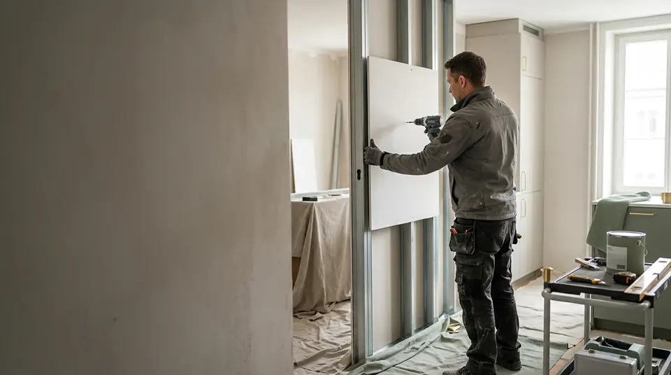 Ouvrier en rénovation intérieure sur un chantier en Suisse romande